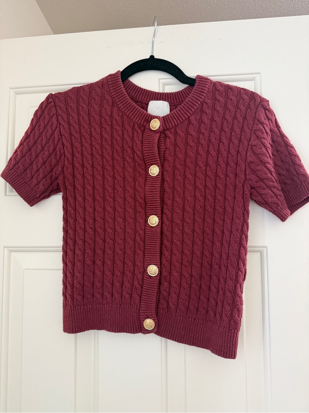 H & M Short-Sleeve Cable Knit Button Cardigan - Burgundy